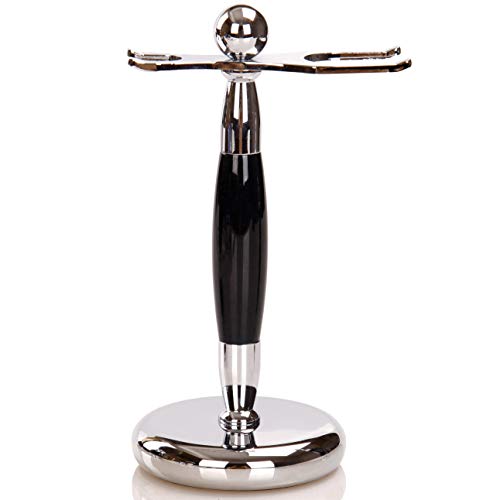 Deluxe Stainless Steel Shaving Brush Stand Holder for Razor & Brush - Extra Wide Openings, Weighted Base Black Handle