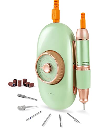 Professional Electric Nail Drill Machine Rechargeable Electric Nail File 35000 RPM Nail Drill Kit with 6 Bits and Sanding Bands Portable Manicure Set (Green)