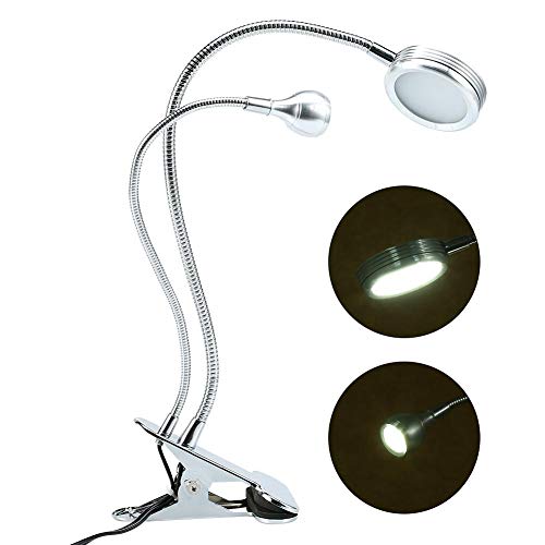 Sonew 2 in 1 LED Double Head Cosmetic Lamp USB Rechargeable Adjustable Light Nail Art Eyebrow Tattoo Equipment Silver Clamp Lamp Cable Control Metal Glitter(3W)