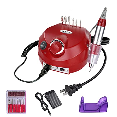 BYOOTIQUE 30000RPM Electric Nail Drill Art File Machine for Acrylic Nail Manicure Pedicure with Pedal Buffer 6 Diamond Professional Beauty Salon Red