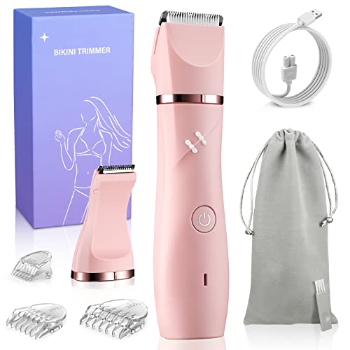 YBLNTEK Bikini Trimmer for Women, 2 in 1 Waterproof Pubic Hair Trimmer for Women, Electric Razors for Women Legs, Arm, Armpit, Bikini Line, Body Hair Trimmer Clipper, Wet/Dry Use, Pink