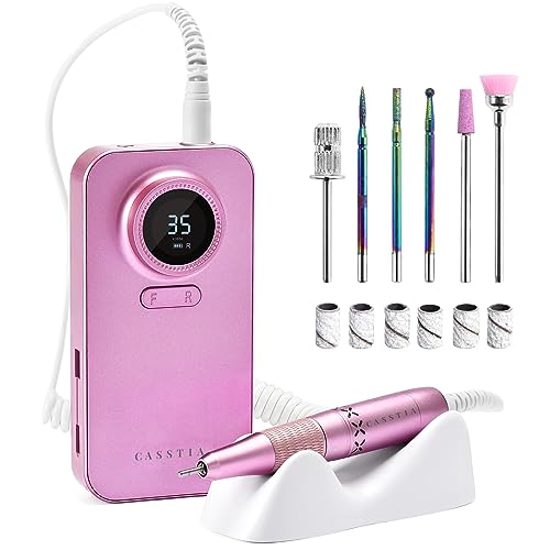 Rechargeable Nail Drill, Casstia 35000RPM Nail Drills for Acrylic Nails Professional, Cordless Nail Drill Kit, Electric Nail Efile with 6 Nail Drill Bits & Sanding Bands for Salon & Home DIY, Pink
