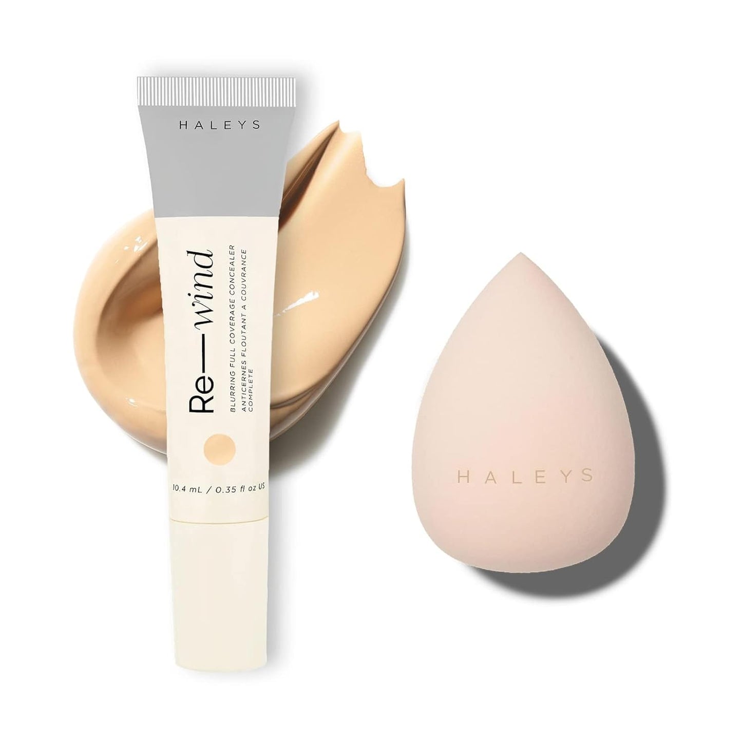 HALEYS Full-Coverage Concealer Set (Medium-Neutral): Re-wind Blurring Full Coverage Concealer, Brighten, Reduce dark circles and fine lines, Longwear, Lightweight, Re-mix Makeup Sponge, Smooths, Blurs