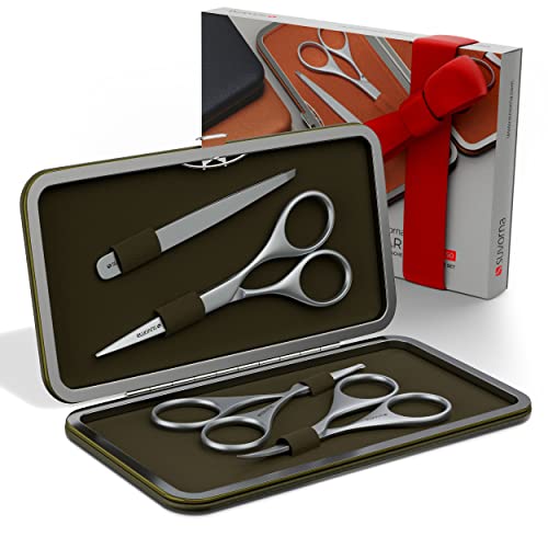 Suvorna Premium Beard & Mustache Scissors Set/Kit with Beard scissors for men - Grooming Scissors men/Facial Hair Scissors/Nose scissors - Eyebrow Scissors - Slant Tweezers (4 Pcs green)