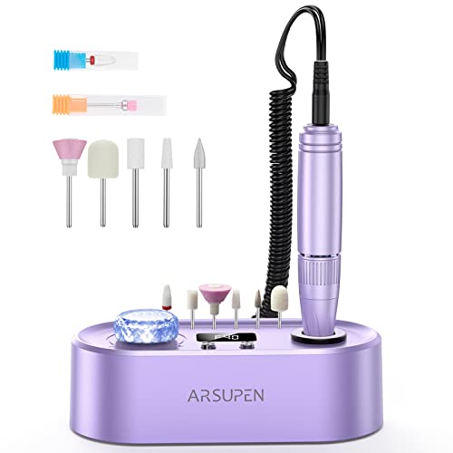 Arsupen Professional Nail Drill Machine, 40000 RPM Electric Nail Drill Kit, Low Heat Low Noise Low Vibration, 6 Drill Bits, F/R Rotation, LCD Screen, USB Port for Salon Home Use for Acrylic Gel Nails