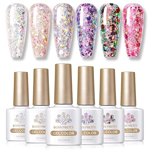 Born Pretty Glitter Sequins Gel Nail Polish Sparkly Shiny Pink Yellow Blue Green Gel Nail Polish Set Soak Off U V Nail Gel Valentine's Day Gift Collection Nail Art Manicure Varnish Kit 10ML 6PCS