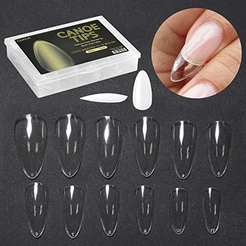 DIAMI Canoe Tips Clear 1box (360pcs, 12sizes) - Long Oval Shaped Nail Tips | Clear Nail Tips for Acrylic Nails | Fake & Full Cover Nail Tips | Natural Almond C Curve Gel Nail Tips Clear & Long