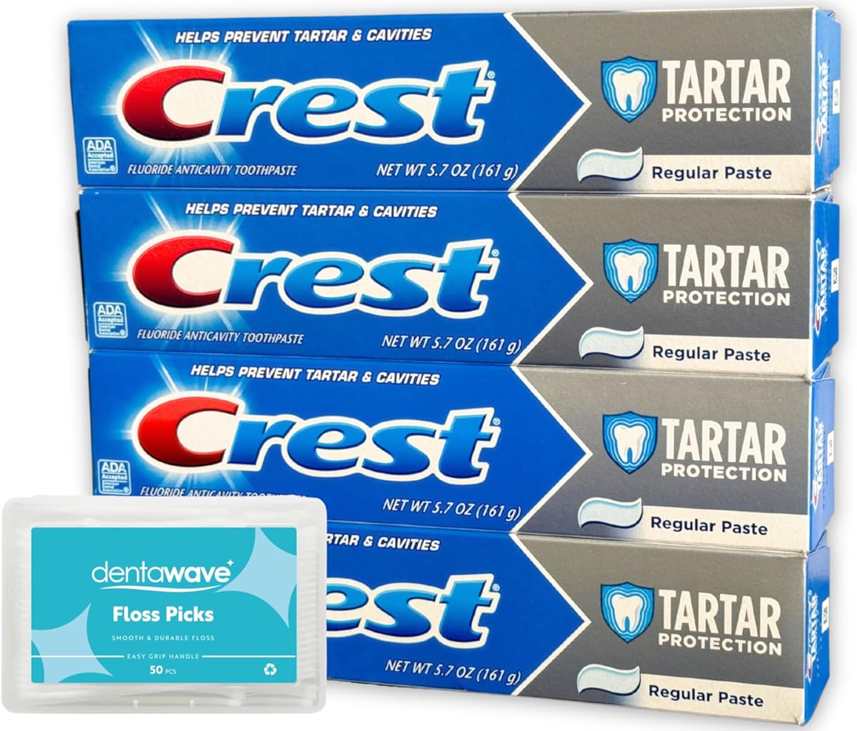 Tartar Protection Bulk Toothpaste - Crest Tartar Protection Toothpaste, Regular Paste 5.7oz (4 Pack) Helps Prevent Tartar and Cavities Bundle with dentawave Floss Picks 50ct