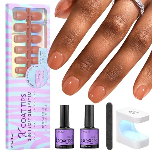 Gel Nail Kit - BTArtbox Soft Gel Nail Tips and Glue Gel Kit, 2 in 1 X-coat Tips with Tip Primer Base, 150pcs Extra Short Fake Nails Square with Gel Nail Glue Top Coat Nail Extension Kit, Brown