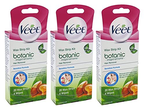 Veet Hair Removal Wax Strips- Botanic Inspirations Easy- Gelwax Technology, Sensitive Formula Hair Remover Wax Strip Kit with Argan Oil, 20 wax strips with 4 wipes (Pack of 3)