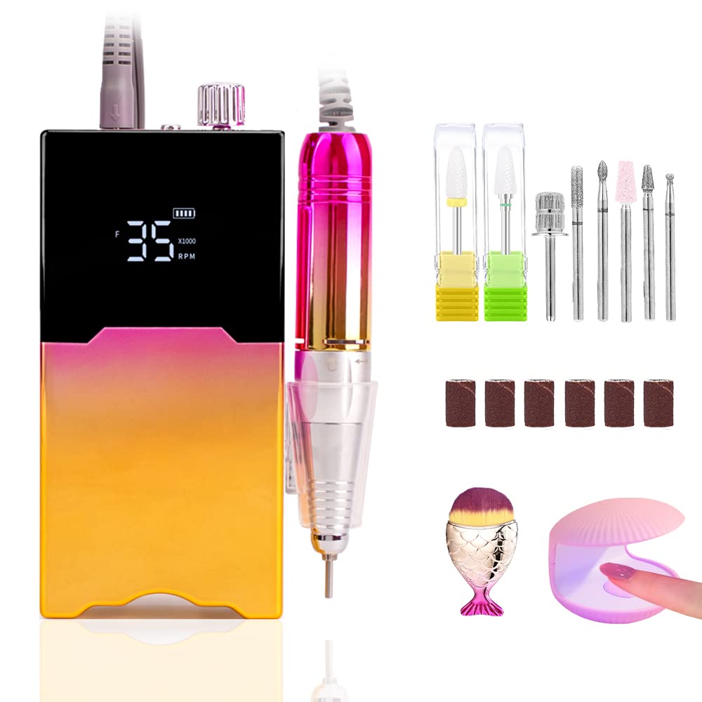 Pourcare Portable Nail Drill Professional 35000 RPM, Rechargeable Electric Nail File Machine for Acrylic Nails Polishing Removing, Efile with Bits Kit for Manicure Salon Home (Pink-Gold)