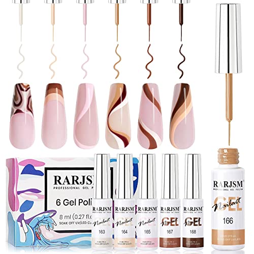 RARJSM Nail Art Gel Liner Nude Color 6pcs Set Nude Pink Brown Skin Tone Painting Striping Gel Nail Polish UV LED Curing Requires Soak off 8ml Build in Thin Sharp Brush Home DIY Salon Swirl Nail Design
