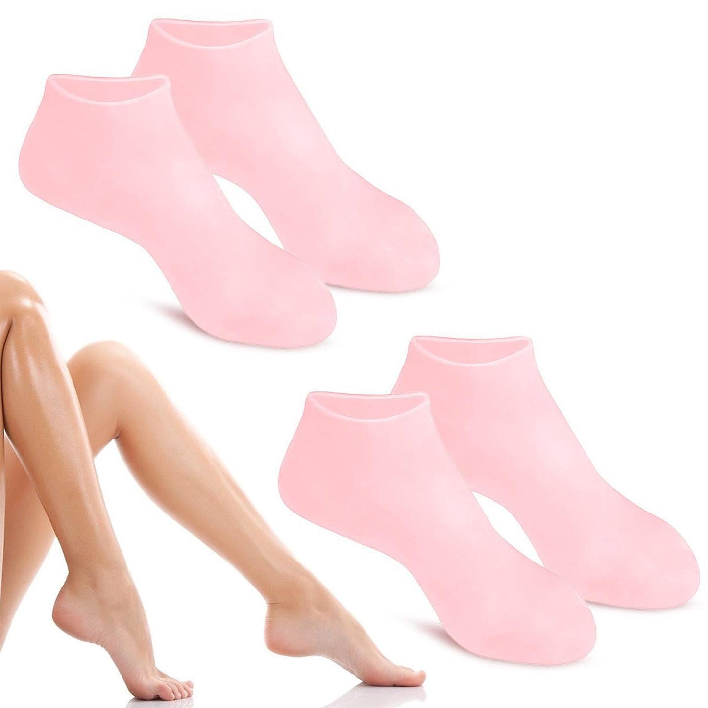 2 Pairs Women Foot Spa Pedicure Silicone Socks - Anti Slip Aloe Socks, Calluses, Spa Gel Socks Foot Care After Pedicure, for Dry Cracked Feet Women (Pink)