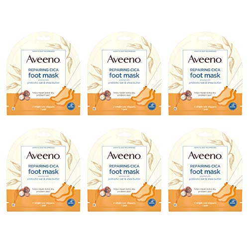 Aveeno Repairing CICA Foot Mask with Prebiotic Oat and Shea Butter, Moisturizing Foot Mask for Extra Dry Skin, 6 Pairs of Single-Use Slippers