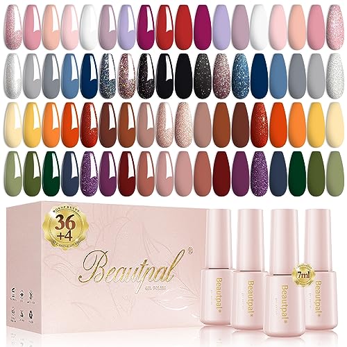 Beautpal 40 PCS Gel Nail Polish Set All Seasons Collection 36 Colors Gel Polish 7ml Popular Nude Pink Red Blue Glitter Nail Polish Starter Kit with 4Pcs Base Matte and Glossy Top Soak off Nail Art DIY