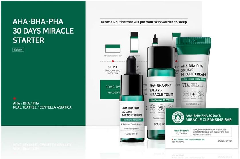 SOME BY MI AHA BHA PHA 30Days Starter Kit - Toner 1.01Oz, Serum 0.33Oz, Cream 0.7Oz, Cleansing Bar 1.05Oz - Mild Exfoliating Daily Skin Care Set - Acne, Sebum and Oiliness Care - Korean Skin Care