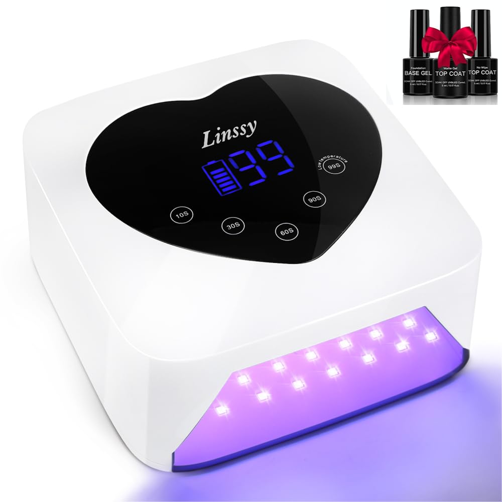 Linssy Nail Lamp,Cordless UV Led Nail Lamp 72W Rechargeable Nail Dryer with 5 Timer Setting,Professional Nail Light with Cute Heart Shape Large LCD Display
