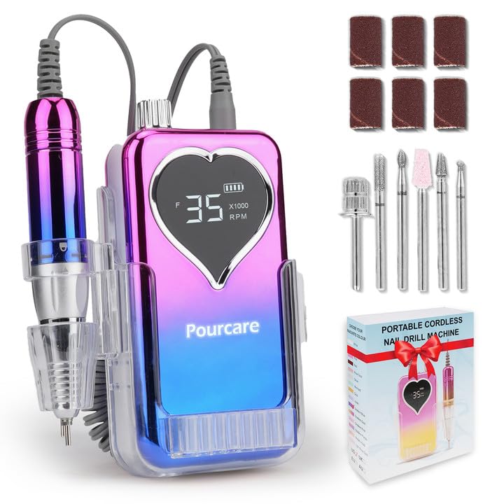 Pourcare Electric Nail Drill 35000 RPM,Professional Electric Nail File Efile Machine Set,Rechargeable Acrylic Nail Tool Manicure Pedicure for Home Salon(Sunset Blue)