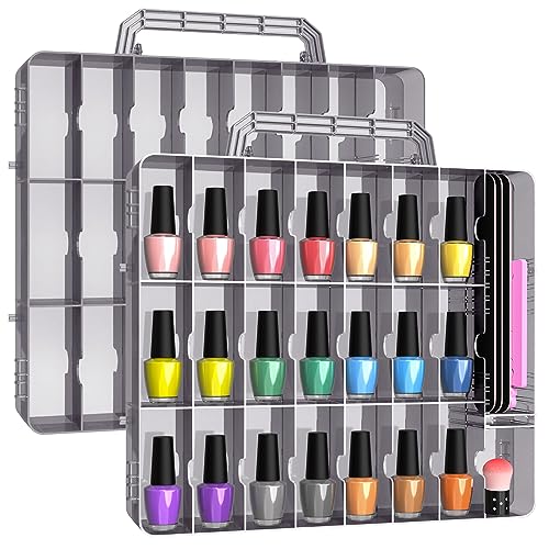 Beloving 2pcs Nail Polish Organizer, Gel Nail Polish Storage Double Side Nail Polish Organizer Case for Nail Tech, Portable 48 Bottles Clear Nail Polish Holder with Adjustable Divider Grey