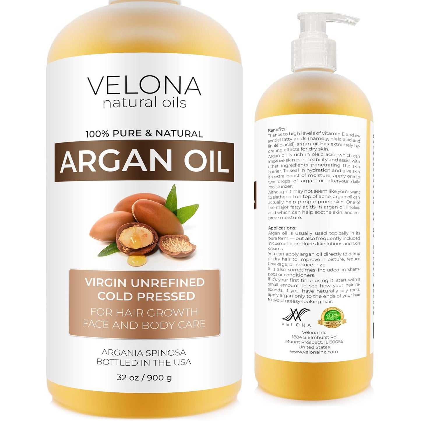 velona Argan Oil - 32 oz (With Pump) | 100% Pure and Natural | Morocco Oil | Stimulate Hair Growth, Skin, Body and Face Care | Nails Protector | Unrefined, Cold Pressed | Cap Kit