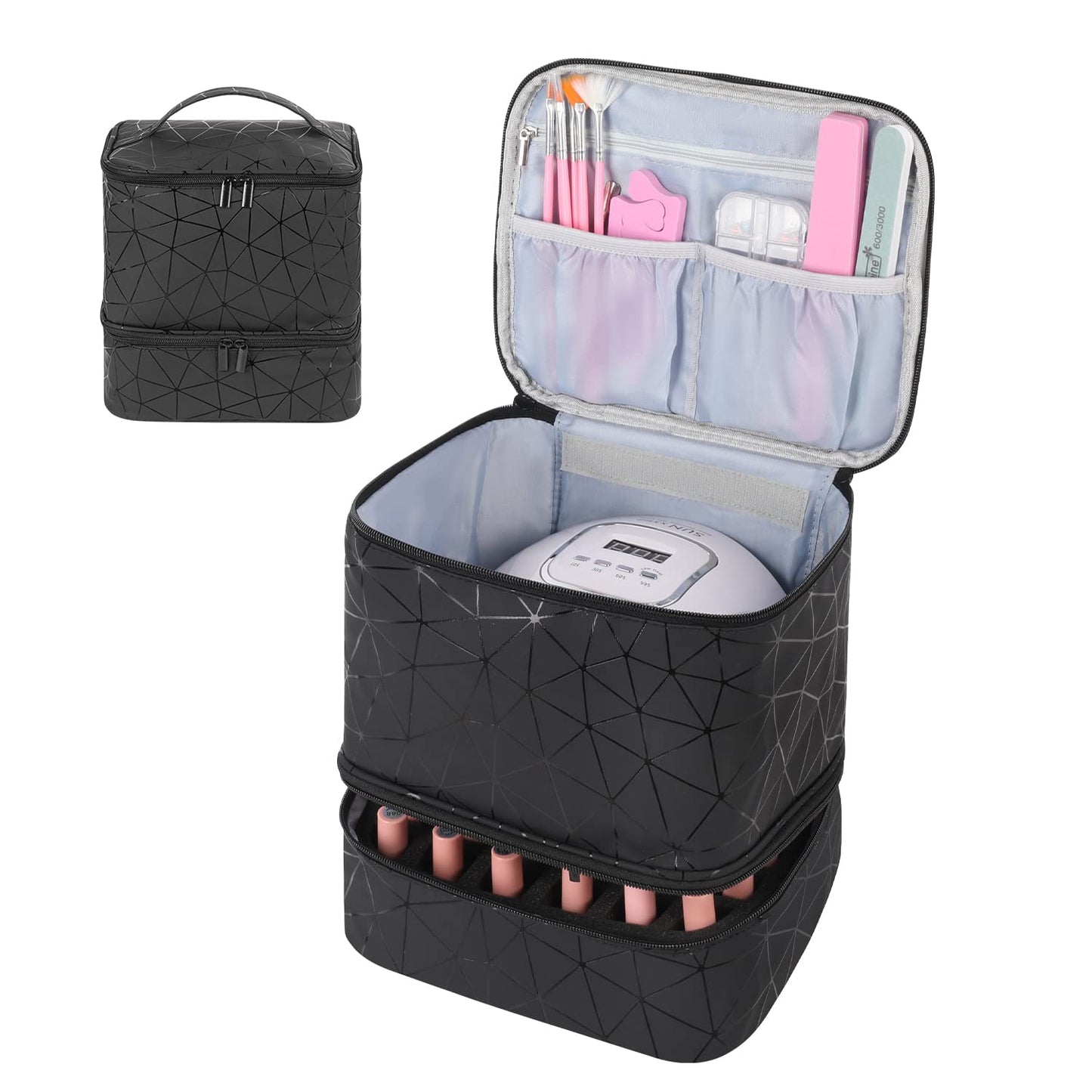 KGMCARE Portable Nail Polish Storage Bag with UV Light Case - Holds 30 Bottles and 1 UV LED Nail Lamp, Double-Layers Nail Dryer Case for Gel Nail Polish Kit,Nail Art Decorations(Black-Heightening )