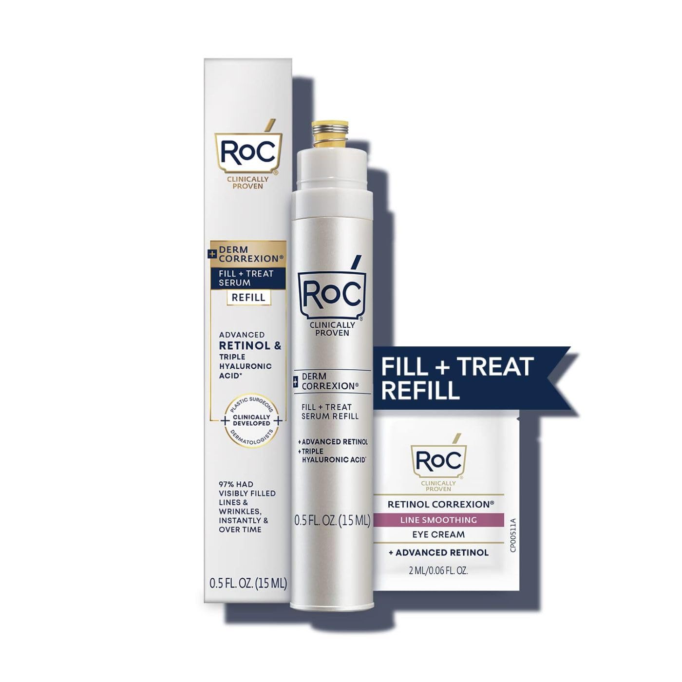 RoC Derm Correxion REFILL CARTRIDGE for Fill + Treat Advanced Retinol Serum, Wrinkle Filler Treatment with Hyaluronic Acid for Forehead Wrinkles, Crow's Feet, Eleven Wrinkles & Laugh Lines, 15ml