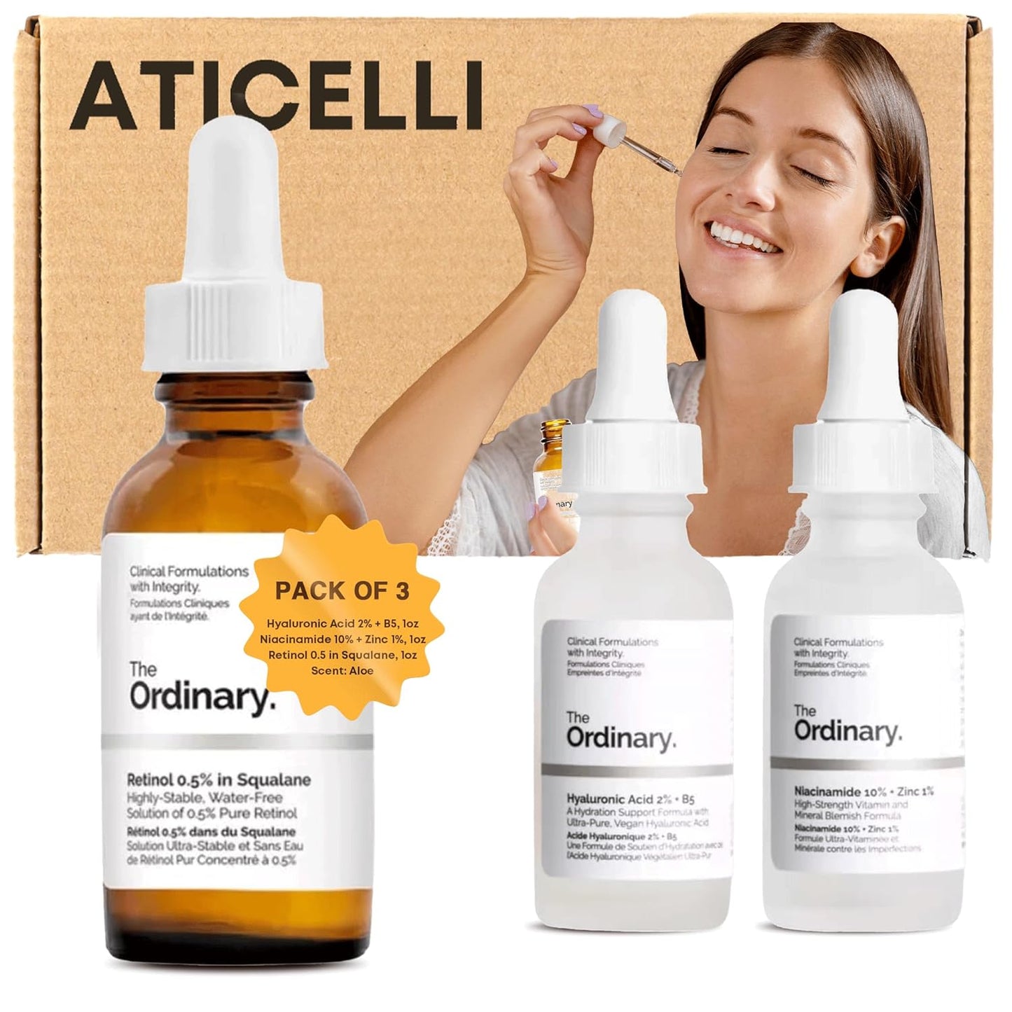 The Ordinary Daily Routine Face Serum Set! Includes Hyaluronic Acid 2% + B5 Hydrating Serum, 1oz! Niacinamide Serum 10% + Zinc 1%, 1oz! Retinol 0.5% Serum, 1oz! | Targets Dryness and Signs of Aging!