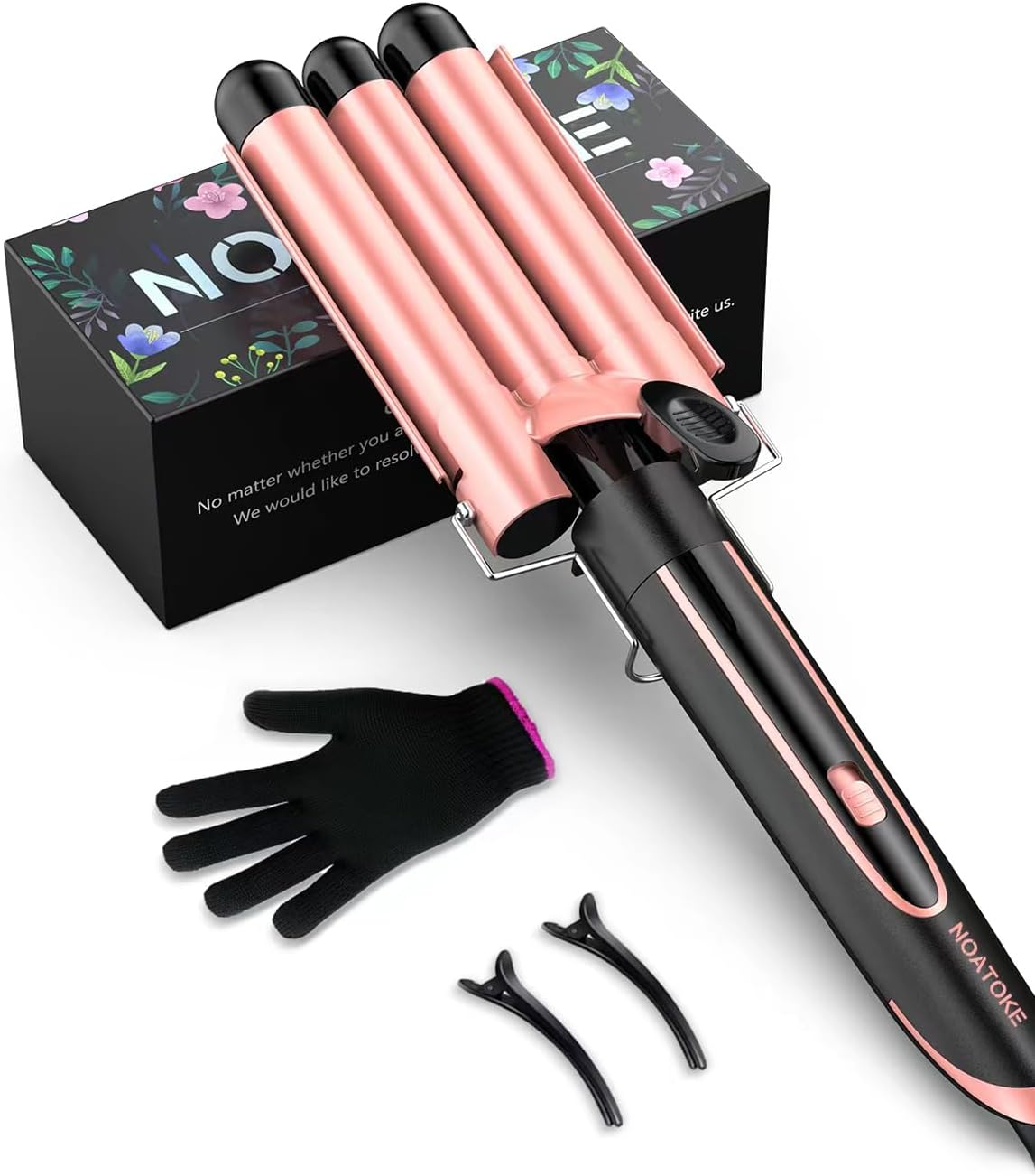 NOATOKE 3 Barrel Curling Iron, Crimper Hair Tool Hair Waver Hair Crimper with PTC Fast Heating Hairstyler Curler Crimper with Dual Adjustable Temps Dual Voltage Auto Shut-Off and Anti-Scald Tip