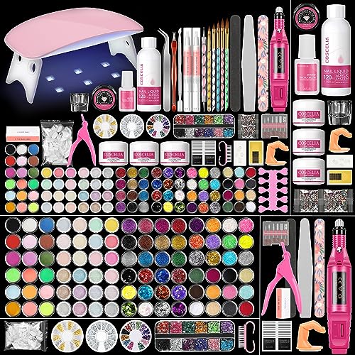 Acrylic nail kit with Drill and U V Light Nail Kit Acrylic Set Professional Acrylic with Everything for Beginners 45pcs Acrylic Powder 48pcs Glitter Decoration Powder Acrylic Nail Starter Kit BFUS0001