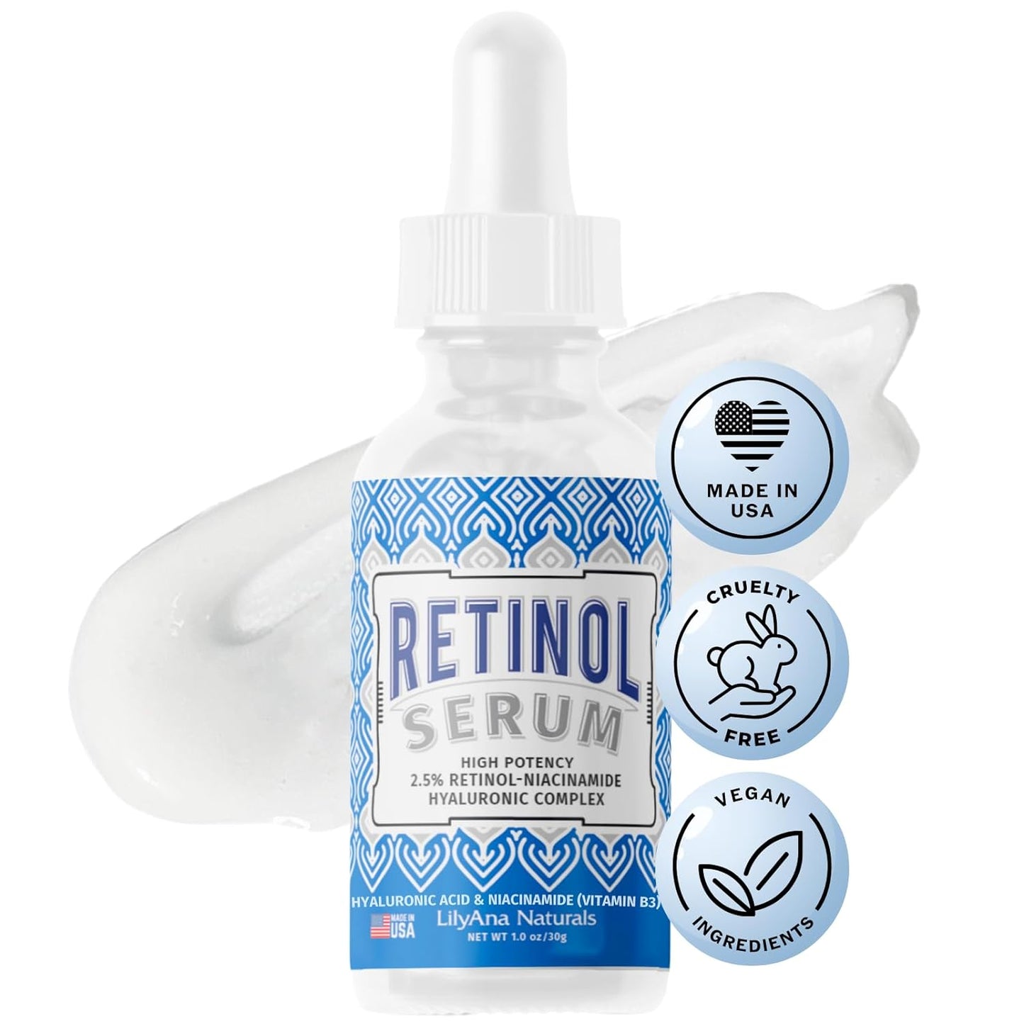 LilyAna Naturals Serum for Face - Made in USA, Face Serum with Hyaluronic Acid and Vitamin E, Anti Aging Serum, Reduces Age Spots and Sun Damage, Promotes Collagen and Elastin (Retinol, 1oz)