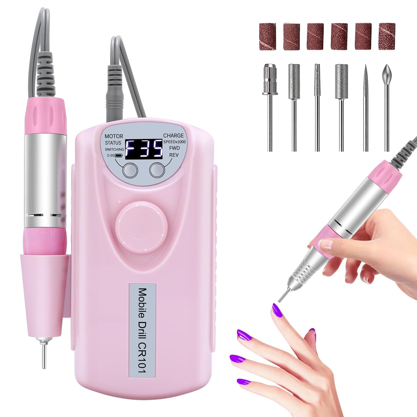 Portable Electric Nail Drill 35000RPM: Professional Nail File Machine, Cordless Rechargeable Nail Drill E File for Acrylic Nails Remove Nail Gel Polish Manicure for Salon Home with Bits Kit, Pink