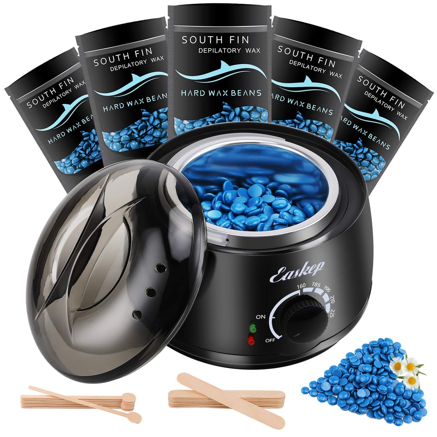 Waxing Kit Wax Warmer Easkep - Wax Kit Hair Removal 6 Adjustable Temperature with 5 Packs Hard Wax Beads and 20 pcs Wooden Applicator Sticks Painless for Legs Face Underarm Bikini BrazilianÉ