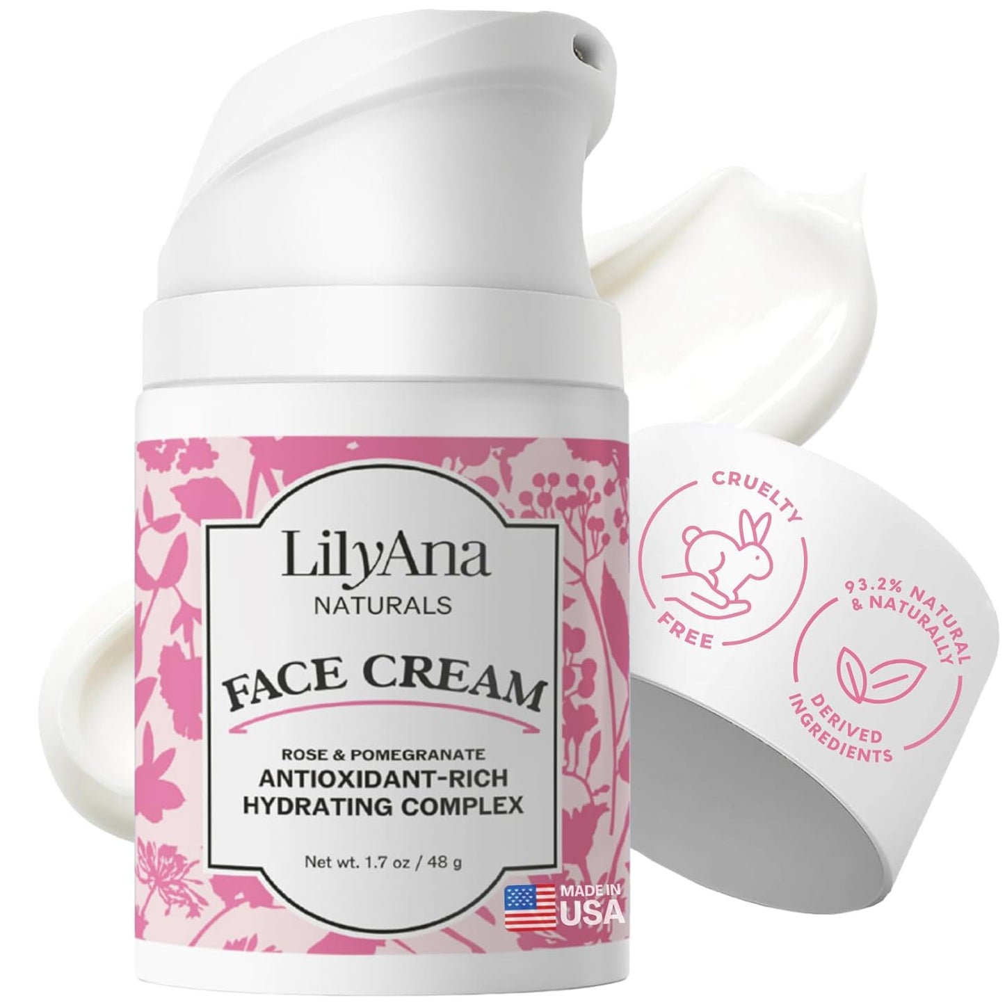 LilyAna Naturals Face and Neck Moisturizer for Women and Men - Moisturizer Face and Neck Cream for Dry Skin and Dark Spot Brightening - Rose and Pomegranate Extracts - 1.7oz