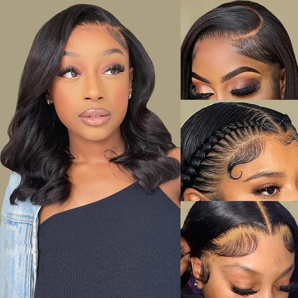 Douyin Bob Wig Human Hair 13x4 Frontal Lace Wig 14 Inch Body Wave HD Lace Front Wigs Human Hair Pre Plucked Bob Wigs for Women Human Hair Wigs Natural Black Color(14 inch, Bob Wig)