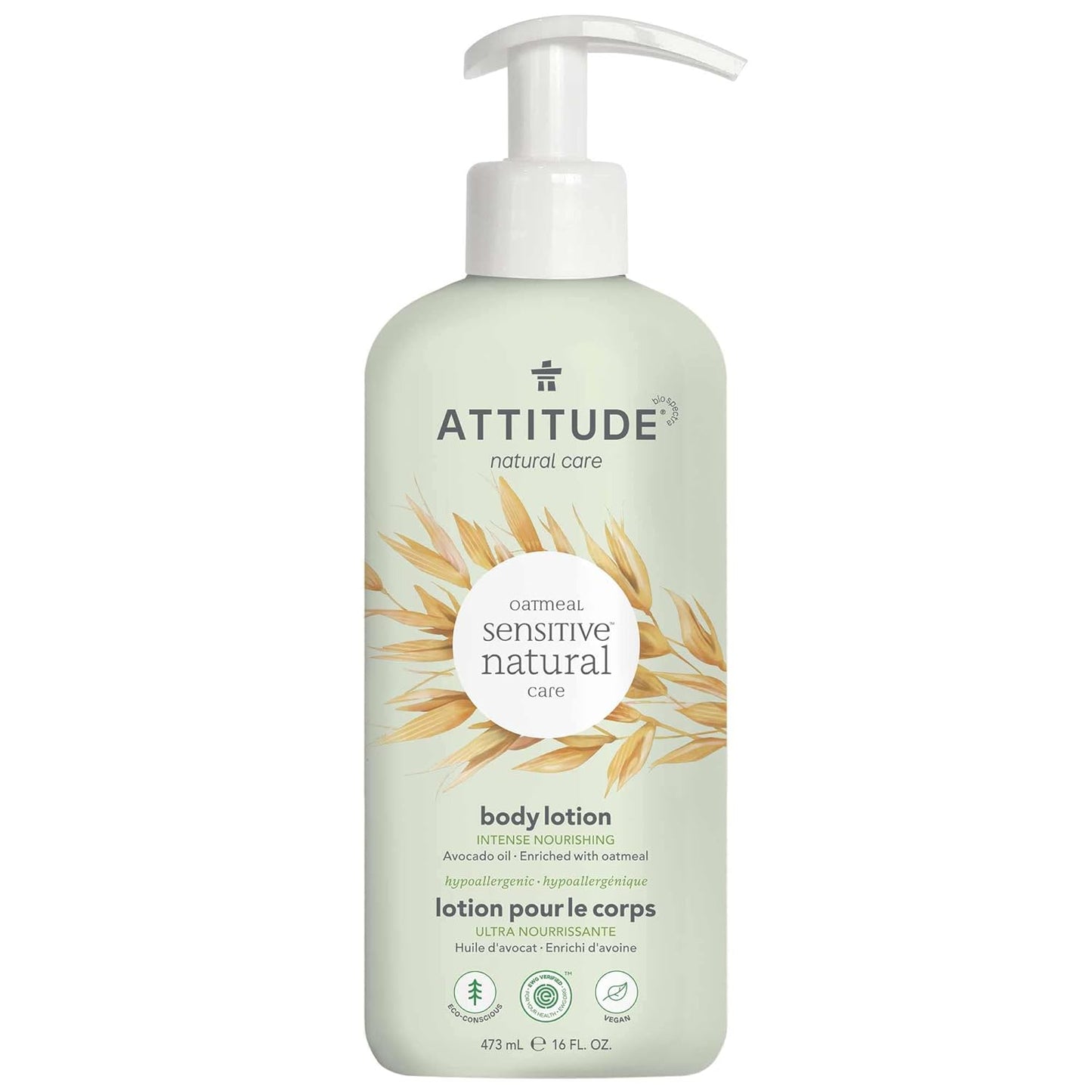 ATTITUDE Body Lotion for Sensitive Skin with Oat and Avocado Oil, EWG Verified, Dermatologically Tested, Vegan, 16 Fl Oz