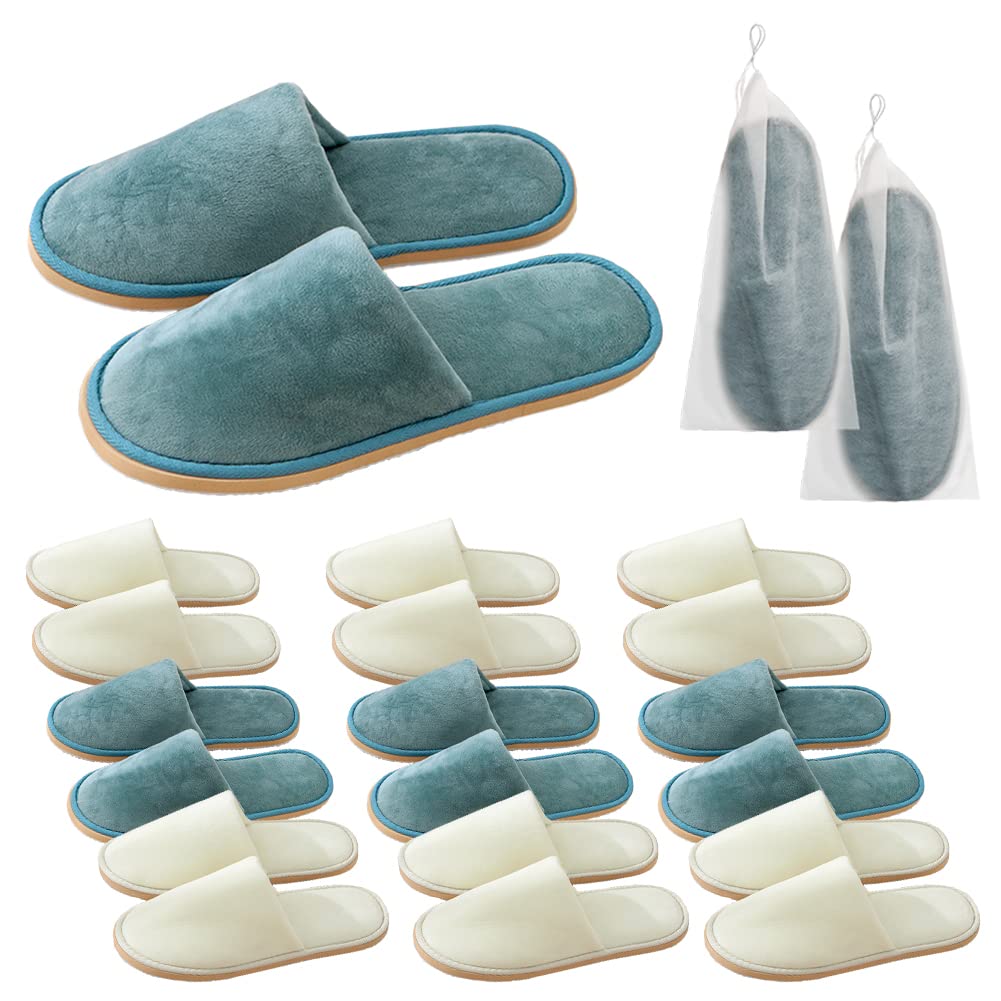 GONG GONG 6 Pairs Spa Slippers Washable & Reusable Closed Toe Disposable Indoor Coral FleeceSuper Soft Crystal Velvet Padded Sole for Comfort- for Guests Hotel Travel Wedding Blue*5+cream*5 Women Men
