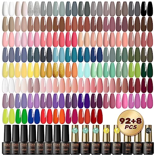 ROSALIND 100PCS Gel Nail Polish Set, 92 PCS Colors Gel Polish Set with 8 Bottles of Base and Glossy Matte Top Coat Starter Gel Nail Set Suitable for All Seasons Gift for Women