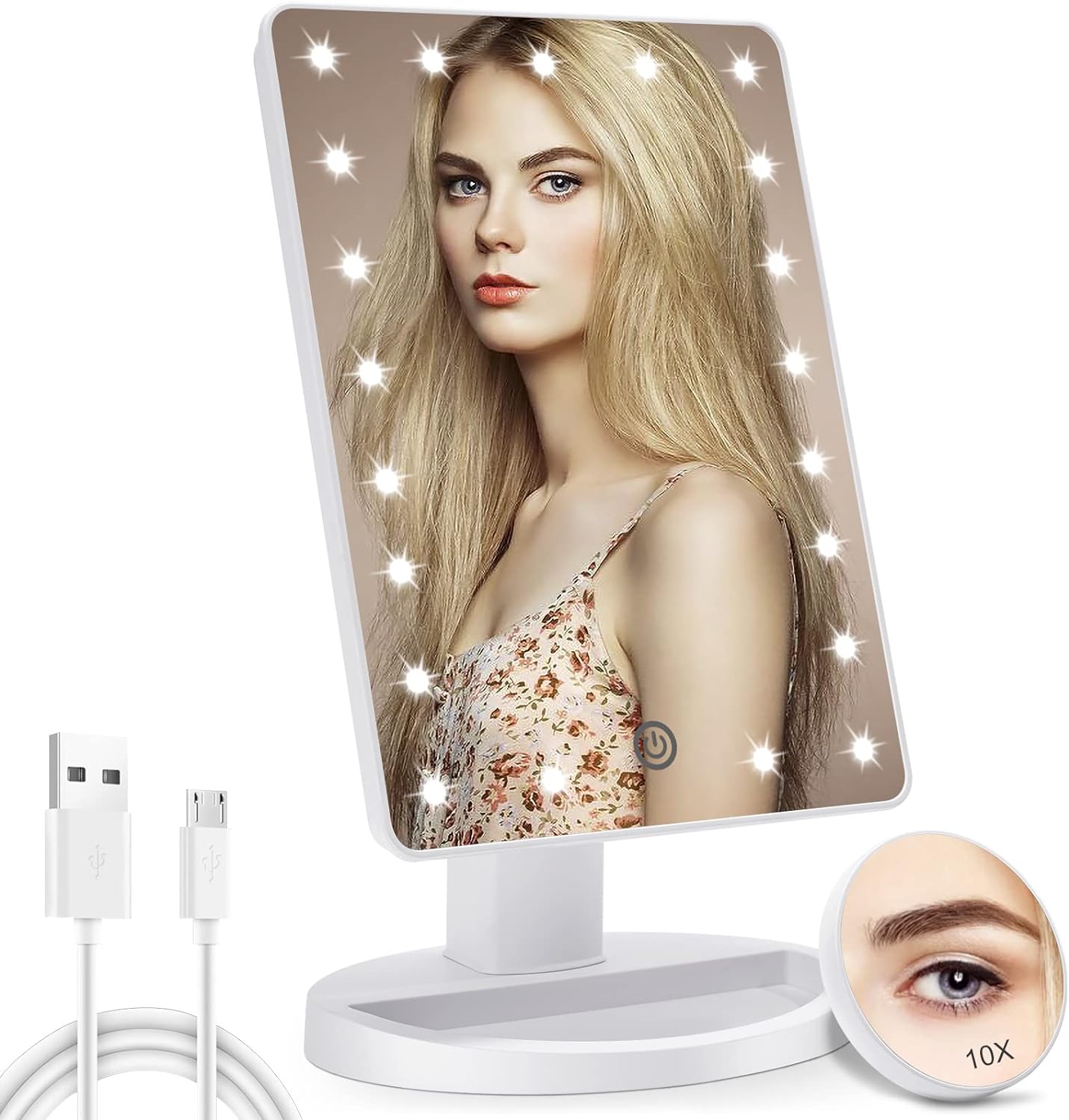 COSMIRROR Lighted Makeup Vanity Mirror with 10X Magnifying Mirror, 21 LED Lighted Mirror with Touch Sensor Dimming, 180¡Adjustable Rotation, Dual Power Supply, Portable Cosmetic Mirror (White)É