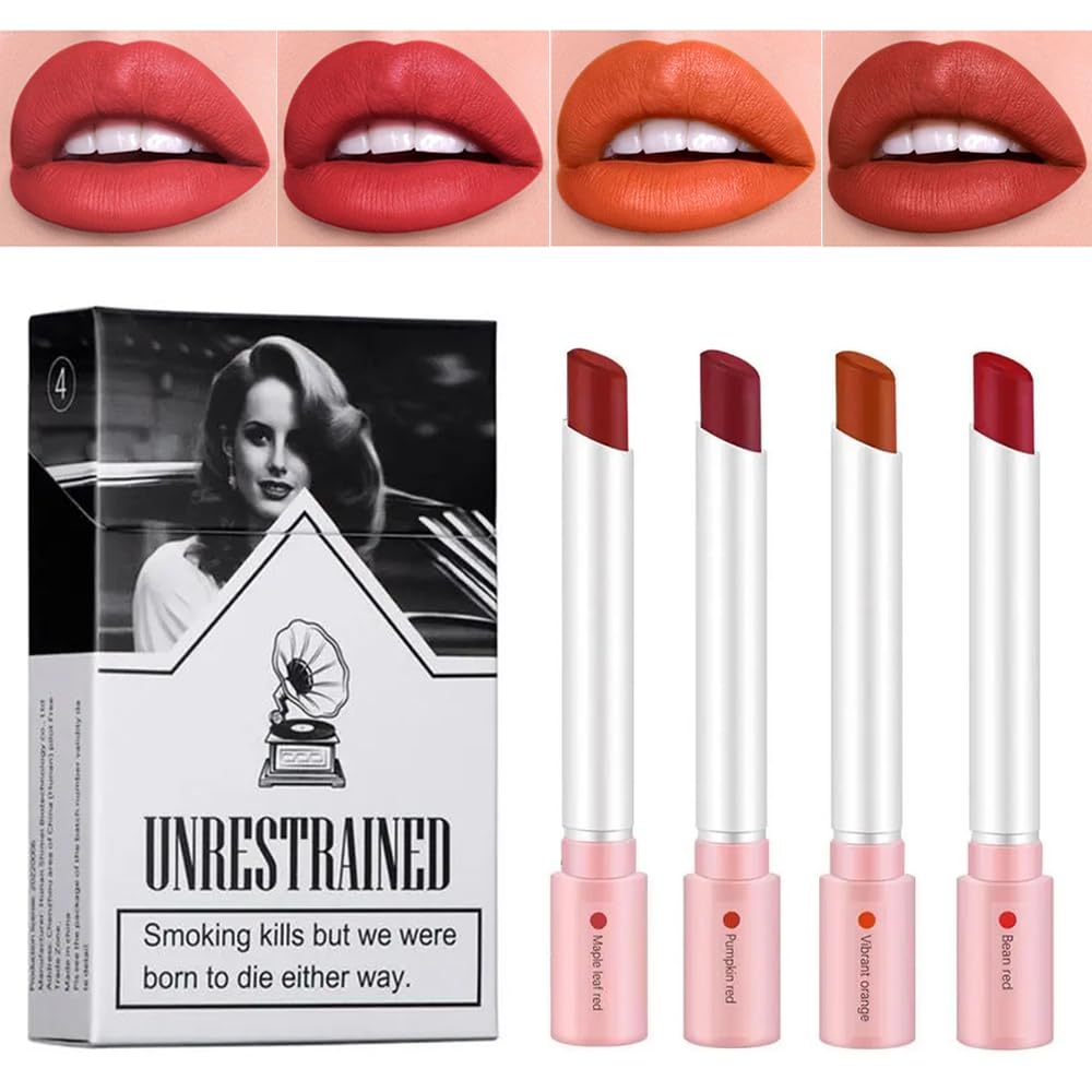 Charm Kiss 4 Colors Matte Cigarette Lipstick Set, Lip Tint Stain Tube Cigarette Lipstick,Lip Stain Long Lasting 24 Hours Waterproof labiales Mate, Lana Del Rey Velvet Lipstick Matte Velvet Lipstick