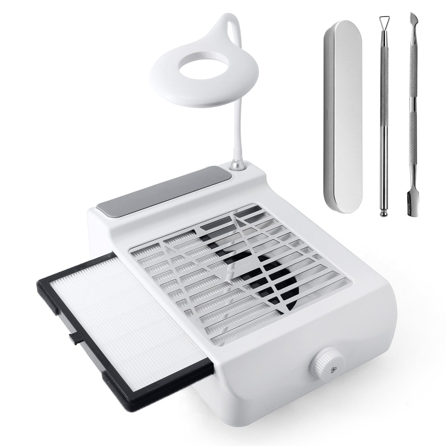 AONOLOVO Nail Dust Collector with Light, Powerful Nail Vacuum Dust Collector Extractor Fan Nail Vacuum Cleaner for Manicure Acrylic Nails Dip Powder, with Stainless Steel Cuticle Pusher Kit