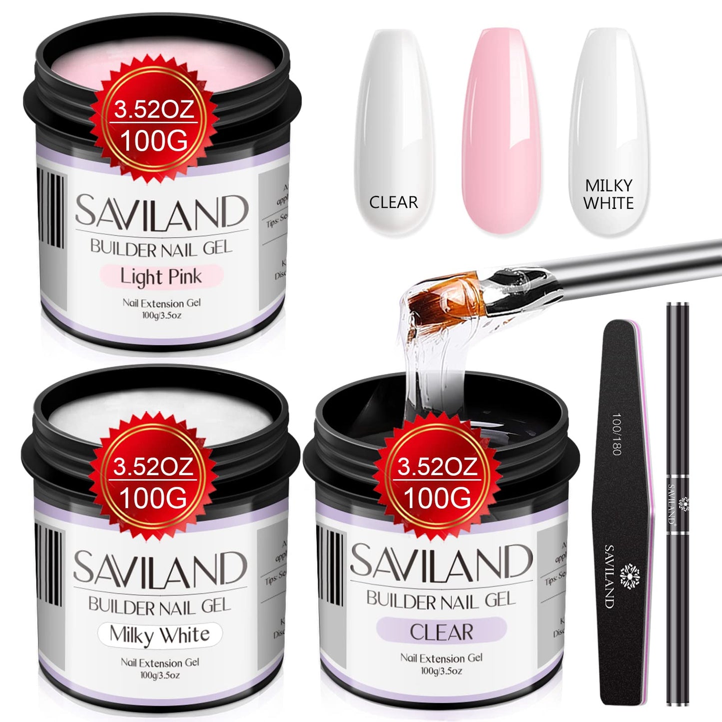 Saviland Builder Nail Gel Kit – 3PCS 3.53oz Large Capacity Clear&Light Pink&Milky White Hard Gel for Nails Kit with Gel Nail Brush Soak-off U V Nail Gel for Nail Extension&Repair for Salon