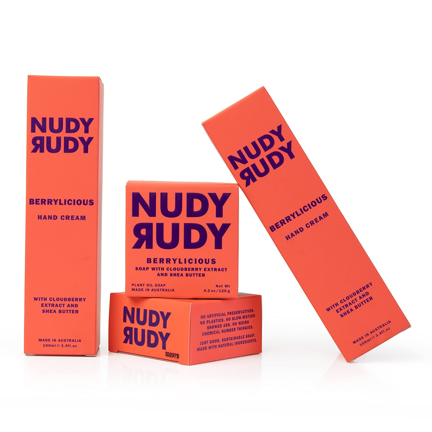 Nudy Rudy - Berrylicious - Hand Cream & Soap Puck Bundle - Organic Shea Butter - Natural - Non-Greasy - Moisturizer - Lotion - Hand Soap - Body Wash - All Skin Types - Skin Care - Men & Women - 4 Pack