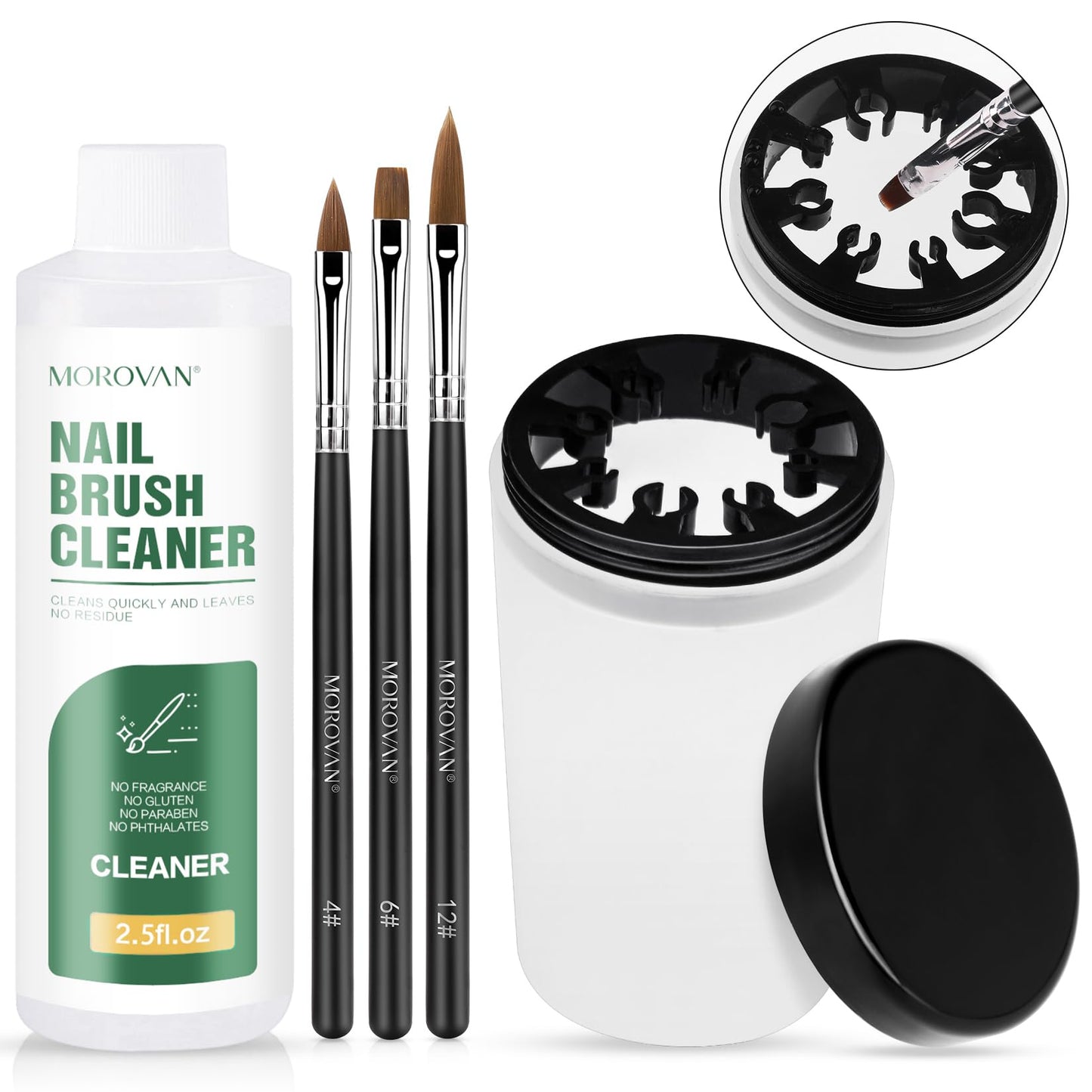 Morovan Nail Brush Cleaner Kit 2.8oz Acrylic Brush Cleaner and Conditioner 3 Acrylic Nail Brush 1 Brush Pot for Nail Art Brushes Builder Gel Brush Acrylic Powder Brush Gel Nail Brush Cleaner Solution