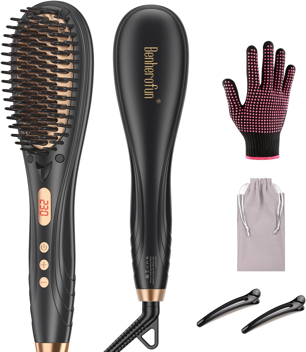 Benherofun Hair Straightener Brush, Hair Straightener Comb Straightening Brush for Women with 16 Temps, 20s Fast Heating & Anti-Scald