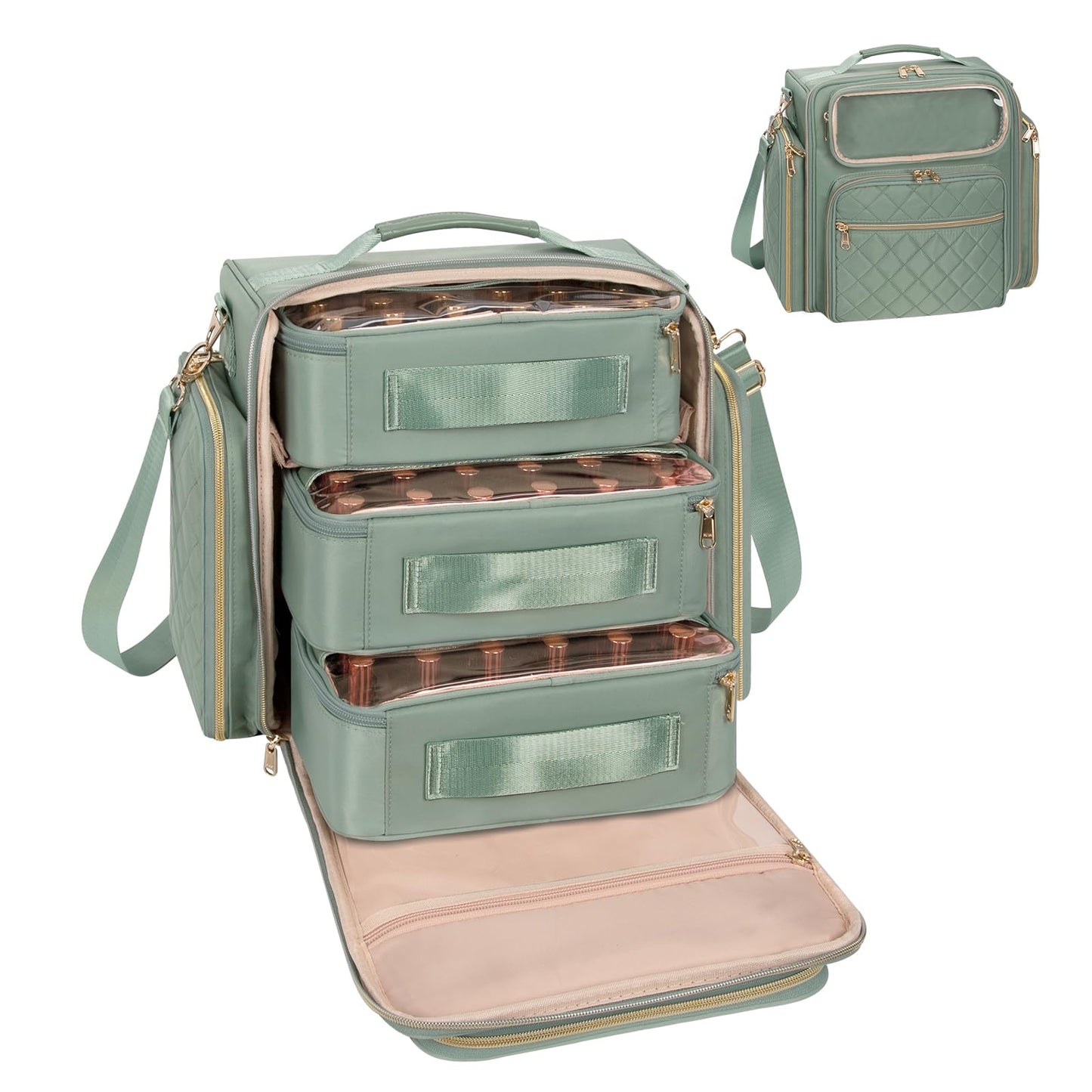 OCHEAL Nail Polish Organizer, Holds Nail Lamp and 75-90+ Bottles, Nail Polish Holder Case with 3 Individual Pouches Fit Manicure Tools Storage for Manicurist Travel Carrying Bag -Green