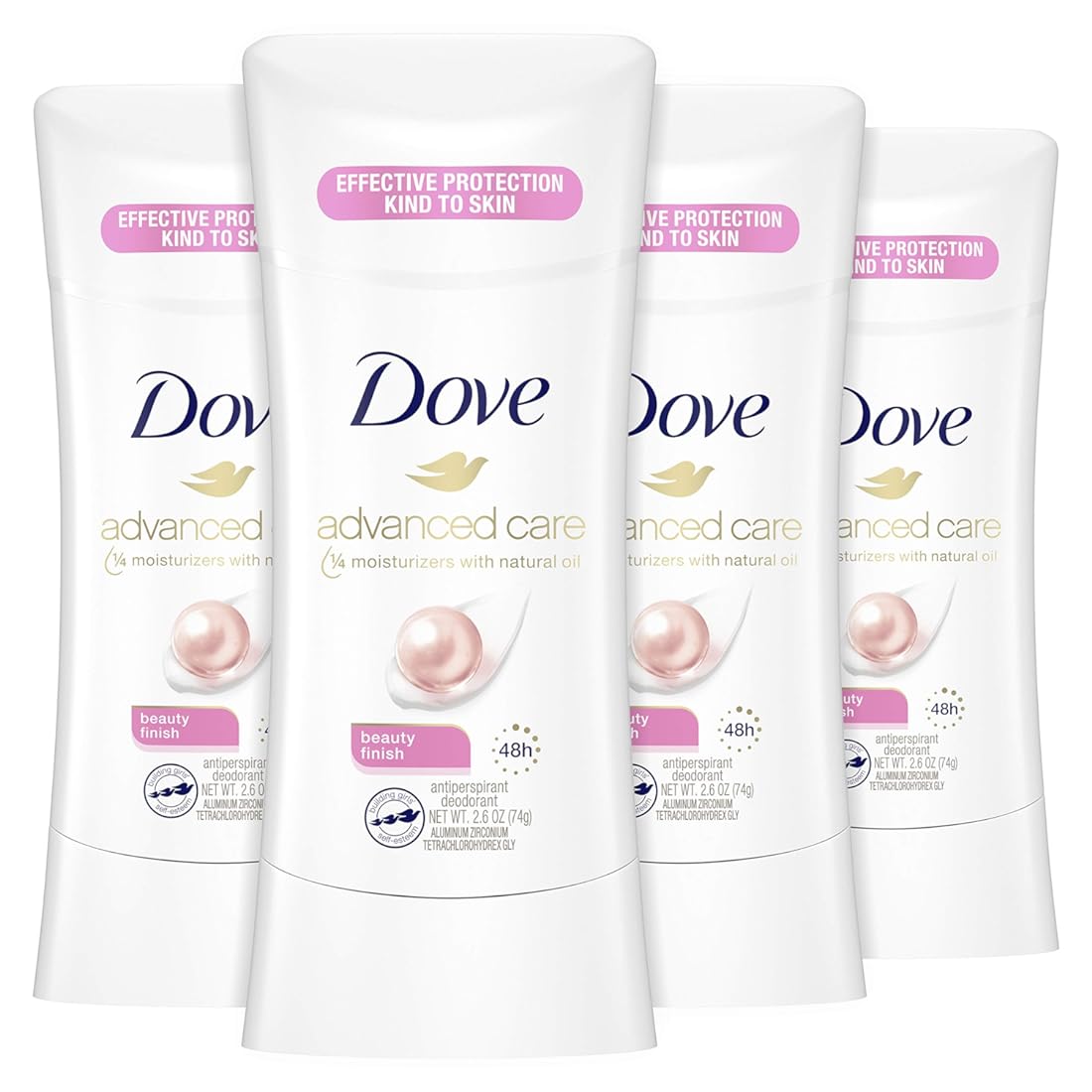 Dove Antiperspirant Deodorant Stick Beauty Finish, 4 Count for Women, for 48 Hour Protection And Soft And Comfortable Underarms, 2.6 oz