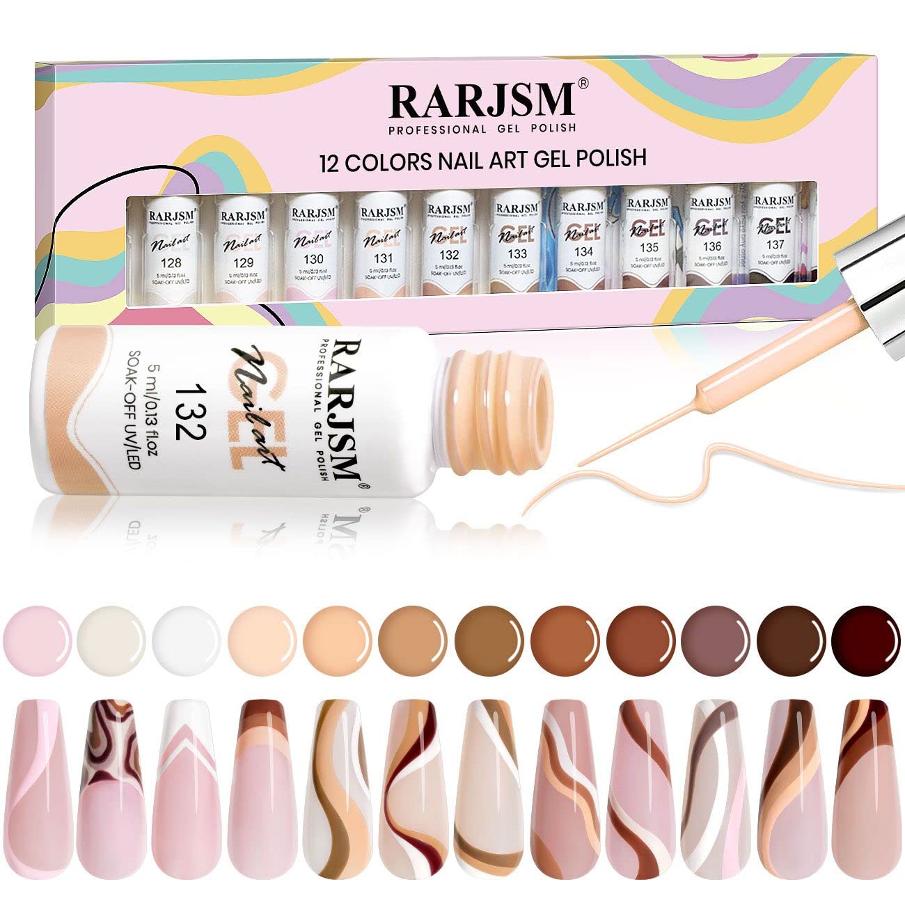 RARJSM Gel Paint for Nail Art Nude Liner Gel Nail Polish Set 12 Colors 5ml Pink Brown Line Art Gel Polish Build in Thin Sharp Brush for Swirl Nails Striping Painting Art Gel Soak Off Curing Requires