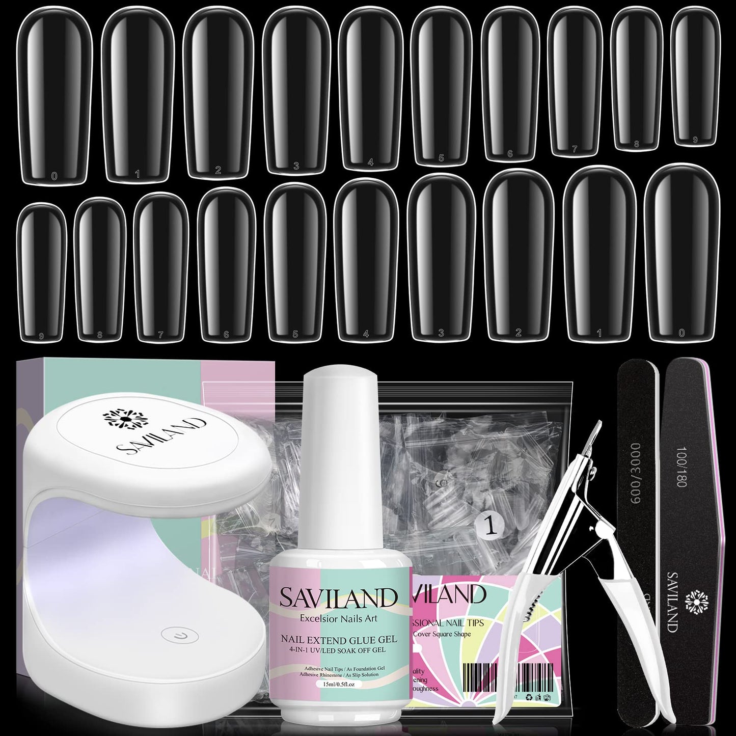 Saviland Nail Tips and Glue Gel Kit - Gel x Nail Kit 500 Pcs Square Nail Tips Full Cover with 4 in 1 Nail Gel Glue and Portable Mini U V LED Nail Lamp Easy DIY Nail Extension Set Acrylic Nail Kit