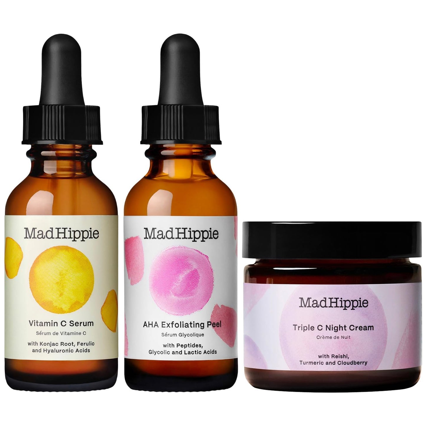 Mad Hippie Skin Brightening Kit, Daily Skincare Routine with Triple C Night Cream, AHA Exfoliating Peel, and Vitamin C Serum