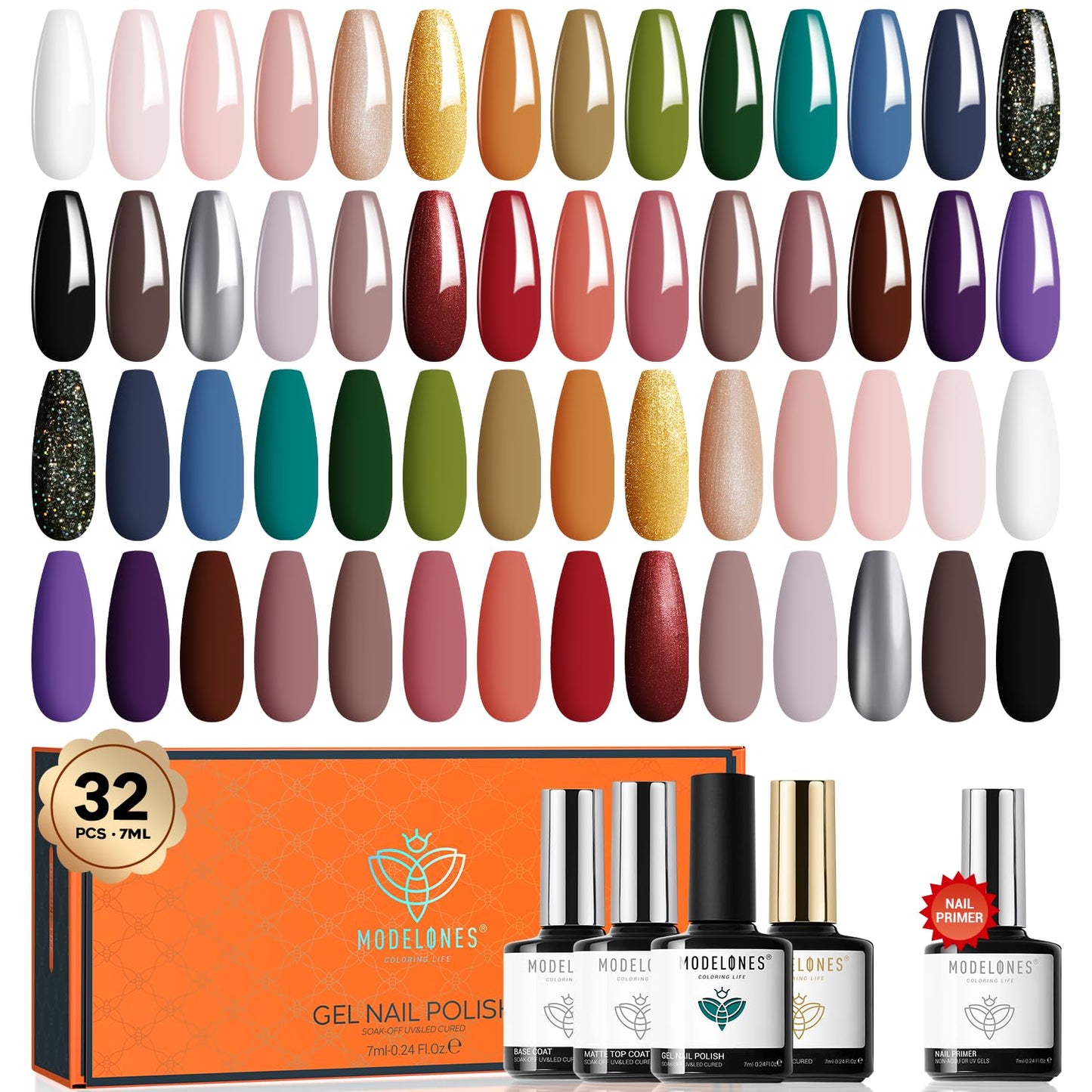 modelones 32 PCS Gel Nail Polish Kit, 28 Colors Gel Polish Set with Glossy&Matte Top Base Coat + Bond Primer, Nude Blue Green Brown Glitter Nails Gifts for Women DIY Salon Home